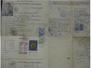 Interior of Onnig Isbendjian’s Nansen Passport issued in Belgium in 1928 and used for travel via Great Britain to the United States. Note the Nansen Stamp in the lower left quadrant. Source: Zohrab Center Digital collection.